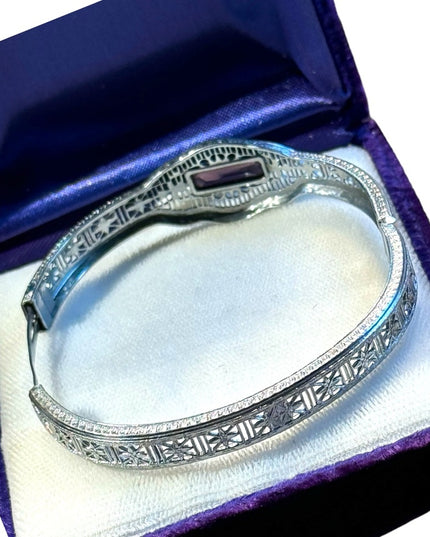 Antique silver filagree purple paste glass art deco 1920s hinged bracelet