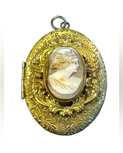 Antique gold finish shell cameo ornate pendant scrollwork art deco