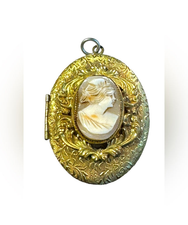 Antique gold finish shell cameo ornate pendant scrollwork art deco