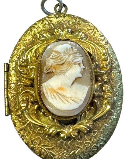 Antique gold finish shell cameo ornate pendant scrollwork art deco