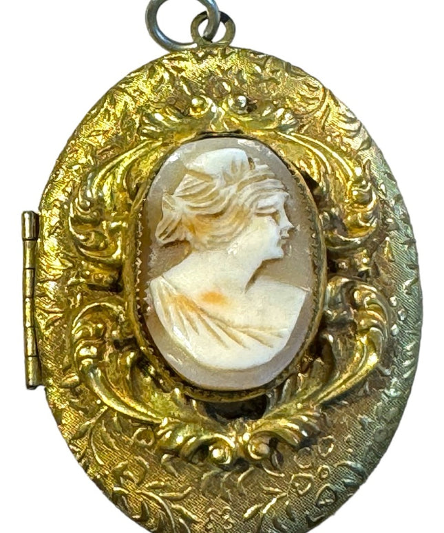 Antique gold finish shell cameo ornate pendant scrollwork art deco
