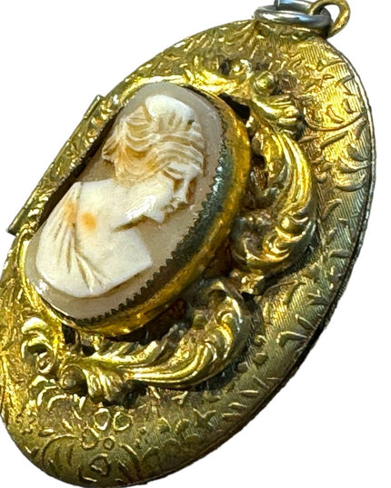Antique gold finish shell cameo ornate pendant scrollwork art deco