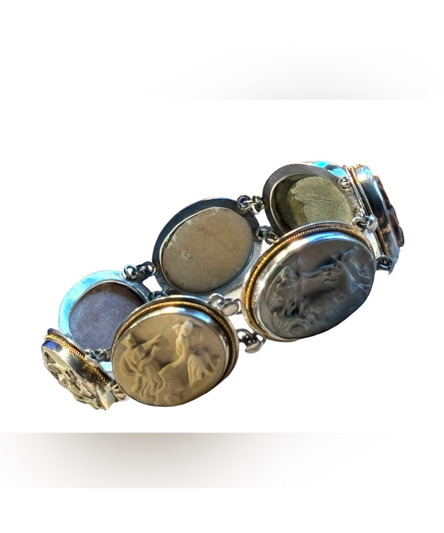 Antique Bracelet Stone Cameo 800 Silver Victorian Lava RARE Seven Days Chariots