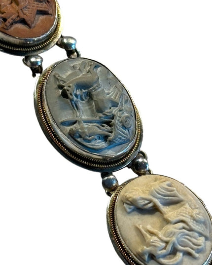 Antique Bracelet Stone Cameo 800 Silver Victorian Lava RARE Seven Days Chariots
