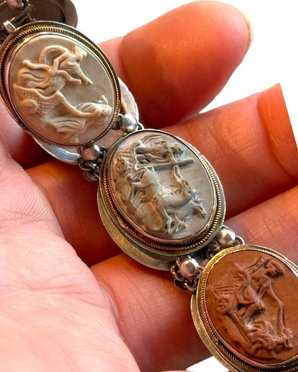 Antique Bracelet Stone Cameo 800 Silver Victorian Lava RARE Seven Days Chariots