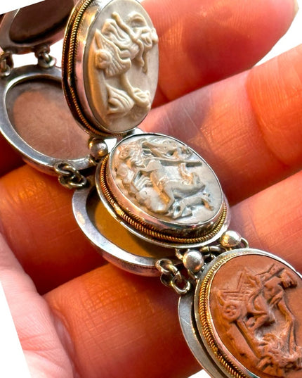 Antique Bracelet Stone Cameo 800 Silver Victorian Lava RARE Seven Days Chariots