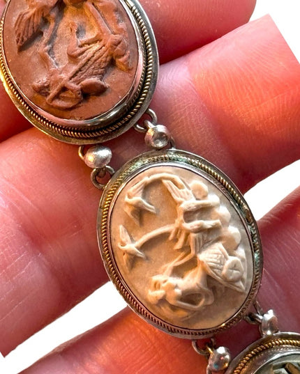 Antique Bracelet Stone Cameo 800 Silver Victorian Lava RARE Seven Days Chariots