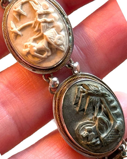 Antique Bracelet Stone Cameo 800 Silver Victorian Lava RARE Seven Days Chariots
