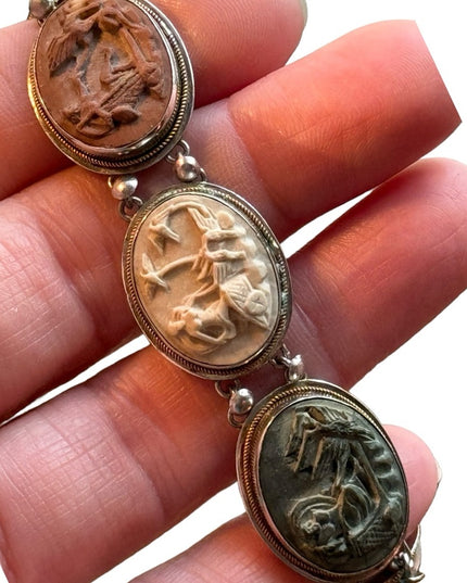 Antique Bracelet Stone Cameo 800 Silver Victorian Lava RARE Seven Days Chariots