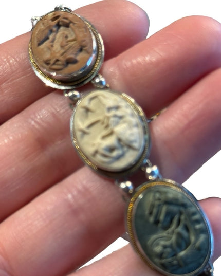 Antique Bracelet Stone Cameo 800 Silver Victorian Lava RARE Seven Days Chariots