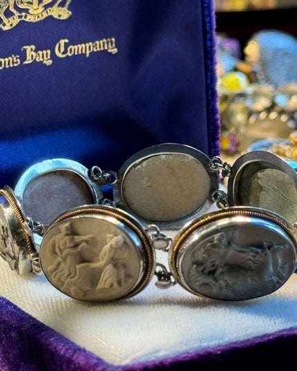 Antique Bracelet Stone Cameo 800 Silver Victorian Lava RARE Seven Days Chariots