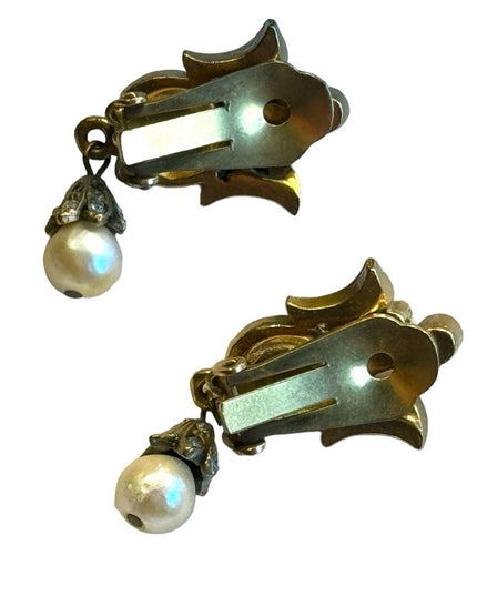 Antique brassy finish rhinestone faux pearl clip on earrings
