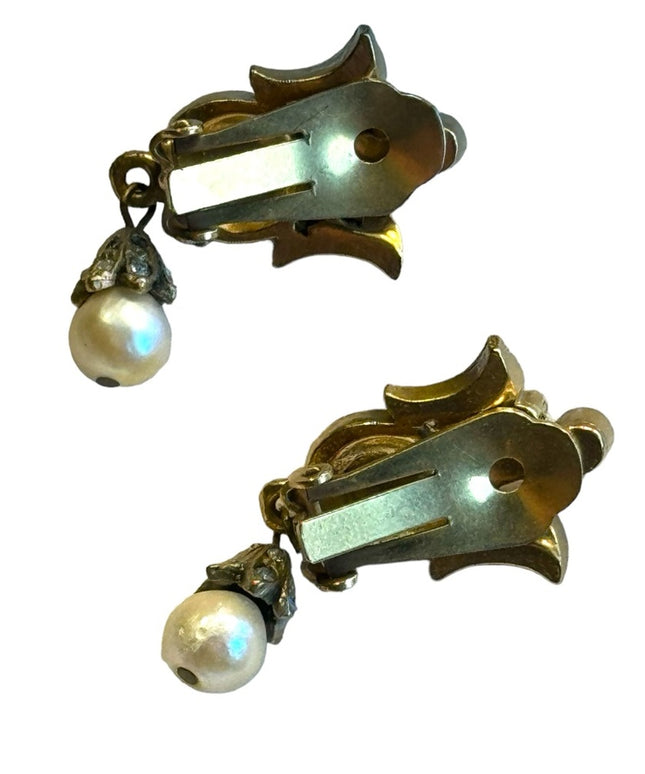 Antique brassy finish rhinestone faux pearl clip on earrings