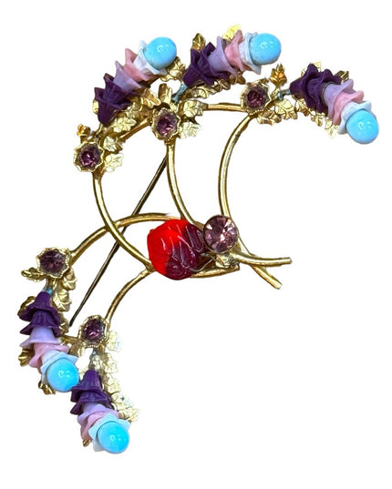 Antique gold plate glass bead crystal fancy large flower brooch