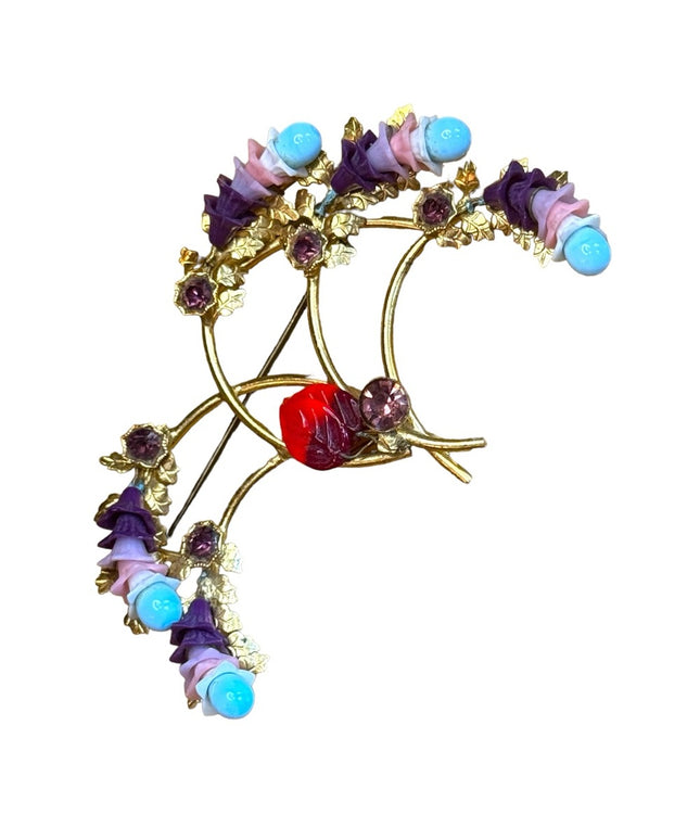 Antique gold plate glass bead crystal fancy large flower brooch
