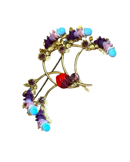 Antique gold plate glass bead crystal fancy large flower brooch