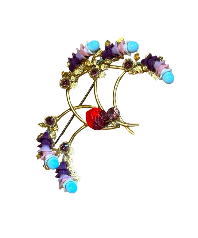 Antique gold plate glass bead crystal fancy large flower brooch