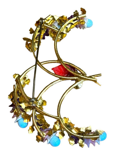 Antique gold plate glass bead crystal fancy large flower brooch