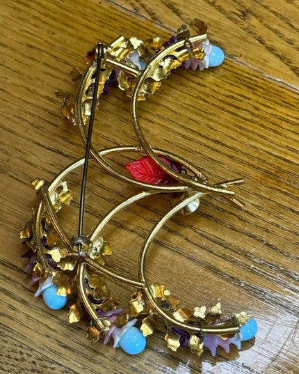 Antique gold plate glass bead crystal fancy large flower brooch