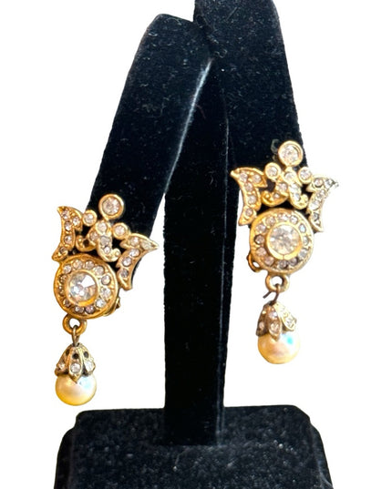 Antique brassy finish rhinestone faux pearl clip on earrings