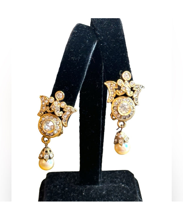 Antique brassy finish rhinestone faux pearl clip on earrings