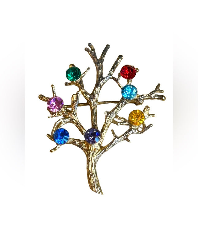 Vintage sterling silver tree of life multi gemstone gold plated TREE brooch
