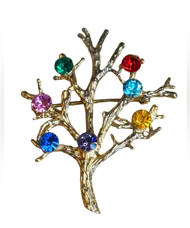 Vintage sterling silver tree of life multi gemstone gold plated TREE brooch