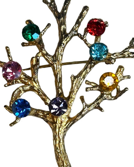 Vintage sterling silver tree of life multi gemstone gold plated TREE brooch