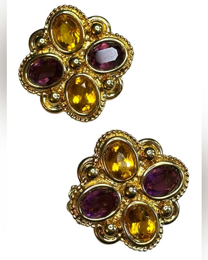 Vintage gold plated NINA RICCI purple & amber crystal magestic earrings