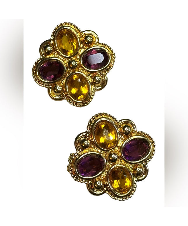 Vintage gold plated NINA RICCI purple & amber crystal magestic earrings