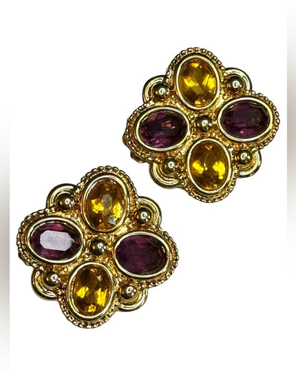 Vintage gold plated NINA RICCI purple & amber crystal magestic earrings