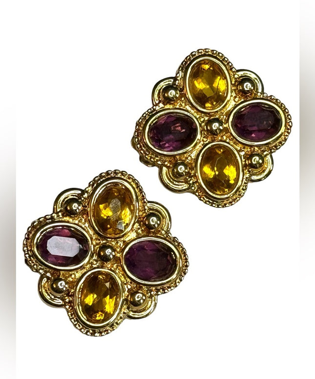 Vintage gold plated NINA RICCI purple & amber crystal magestic earrings