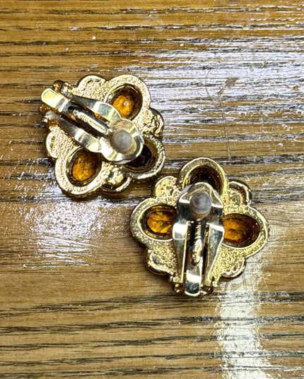Vintage gold plated NINA RICCI purple & amber crystal magestic earrings