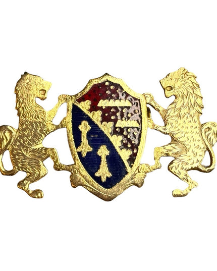 Vintage gold finish wnameled double Lion coat of arms brooch