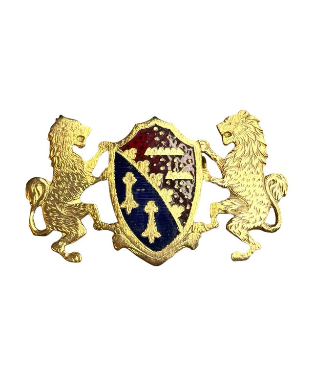 Vintage gold finish wnameled double Lion coat of arms brooch