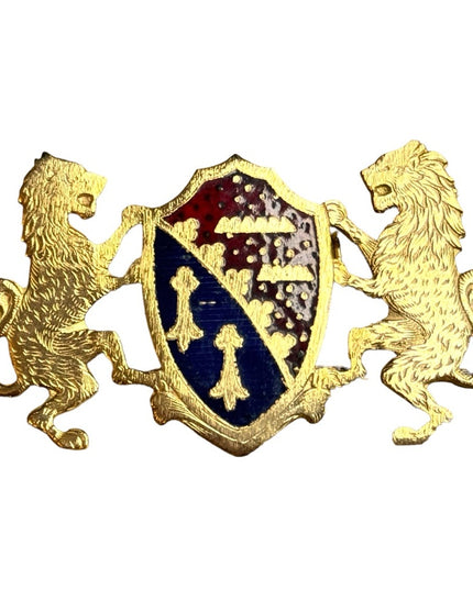 Vintage gold finish wnameled double Lion coat of arms brooch