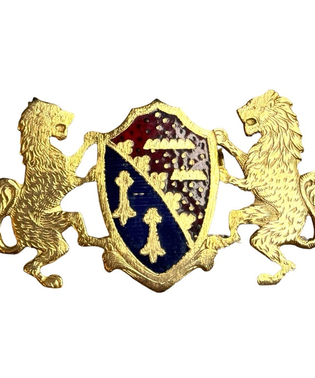 Vintage gold finish wnameled double Lion coat of arms brooch