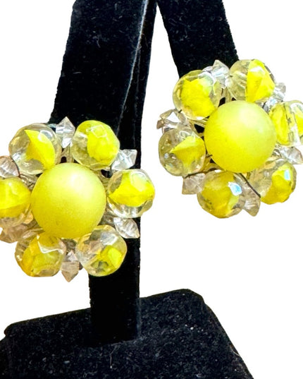 Western Germany Yellow glass Bead Round Cluster Clip On Earrings