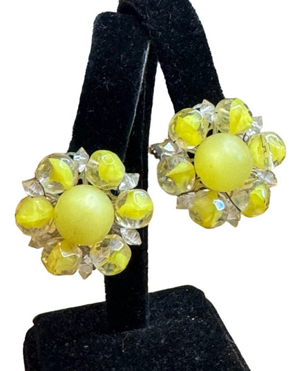Western Germany Yellow glass Bead Round Cluster Clip On Earrings