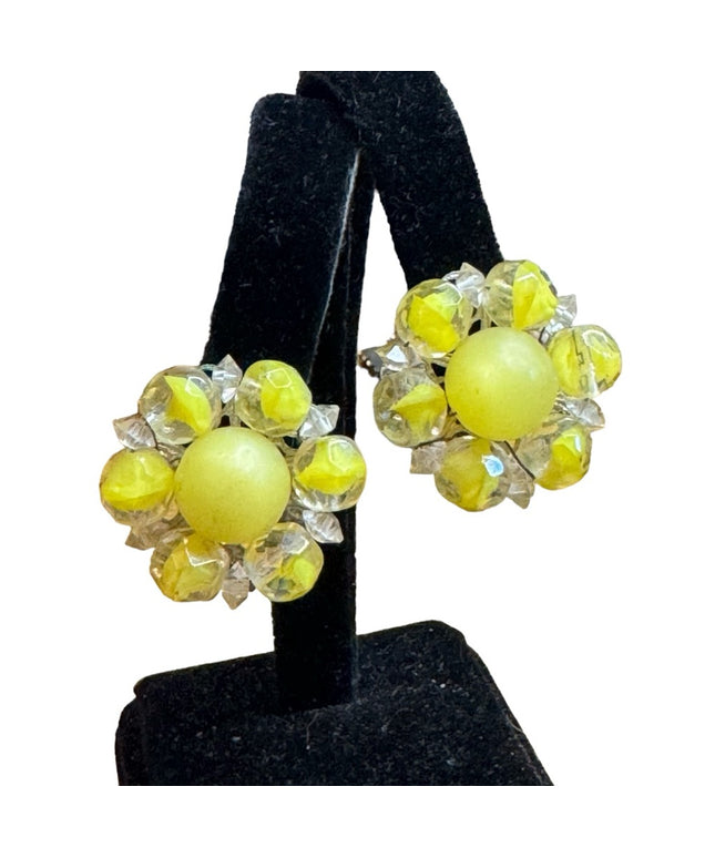 Western Germany Yellow glass Bead Round Cluster Clip On Earrings