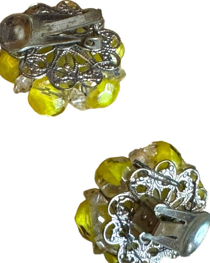 Western Germany Yellow glass Bead Round Cluster Clip On Earrings