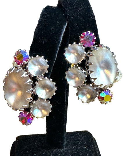 Lovely vintage frosted glass AB crystal Continental mid century clip on earrings