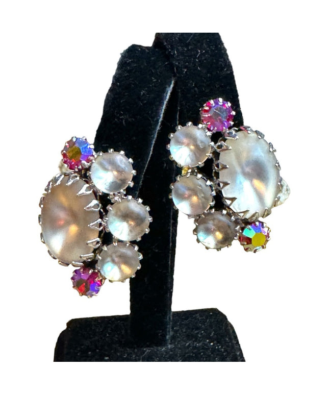 Lovely vintage frosted glass AB crystal Continental mid century clip on earrings
