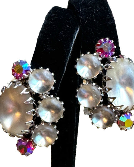 Lovely vintage frosted glass AB crystal Continental mid century clip on earrings