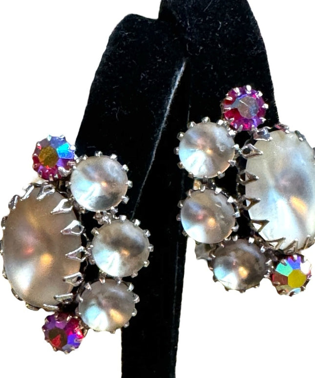 Lovely vintage frosted glass AB crystal Continental mid century clip on earrings