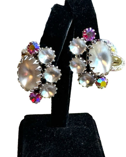 Lovely vintage frosted glass AB crystal Continental mid century clip on earrings