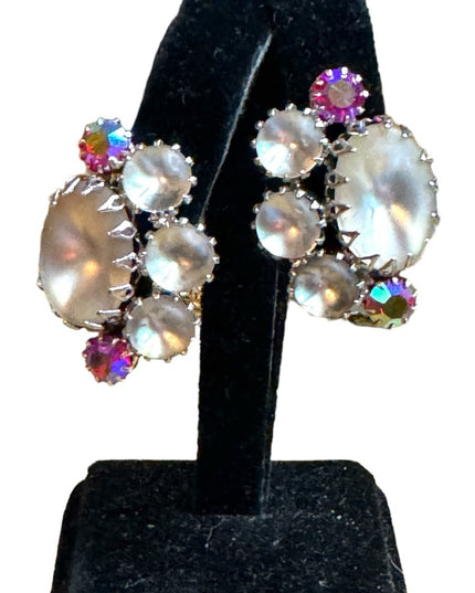 Lovely vintage frosted glass AB crystal Continental mid century clip on earrings