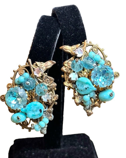 Unsigned Miriam Haskell mid century glass & crystal blue fancy clip on earrings