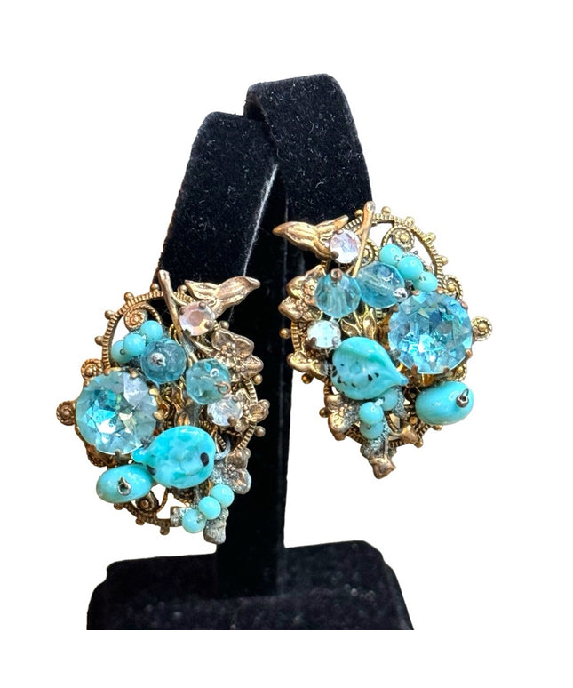 Unsigned Miriam Haskell mid century glass & crystal blue fancy clip on earrings