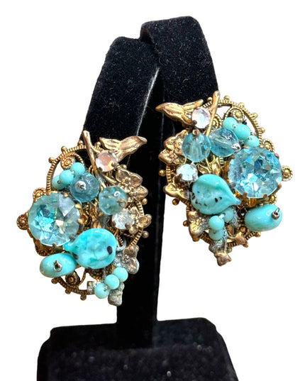 Unsigned Miriam Haskell mid century glass & crystal blue fancy clip on earrings